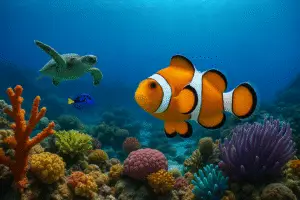 Tropical fish and a turtle swim above a coral reef