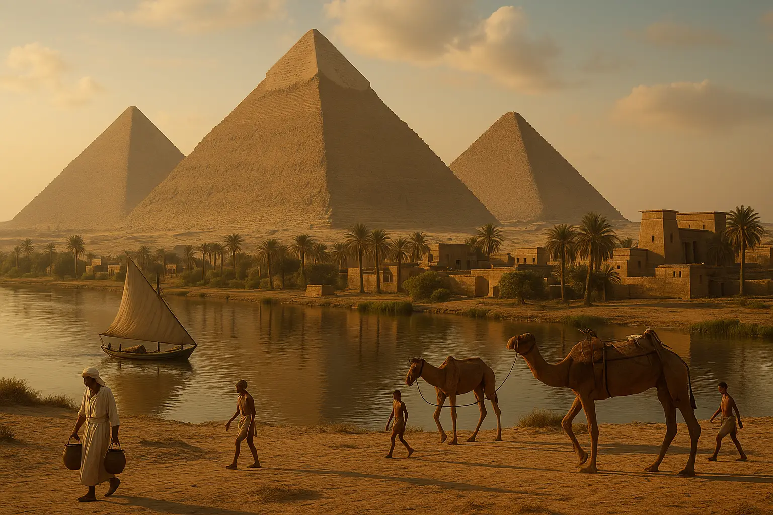Three large pyramids rise in the background, with camels and people near a river at sunset.