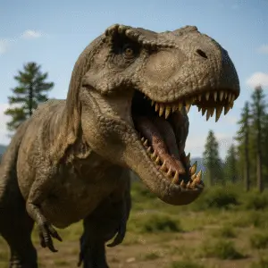 Tyrannosaurus rex roaring in a lush, forested landscape under a clear blue sky.