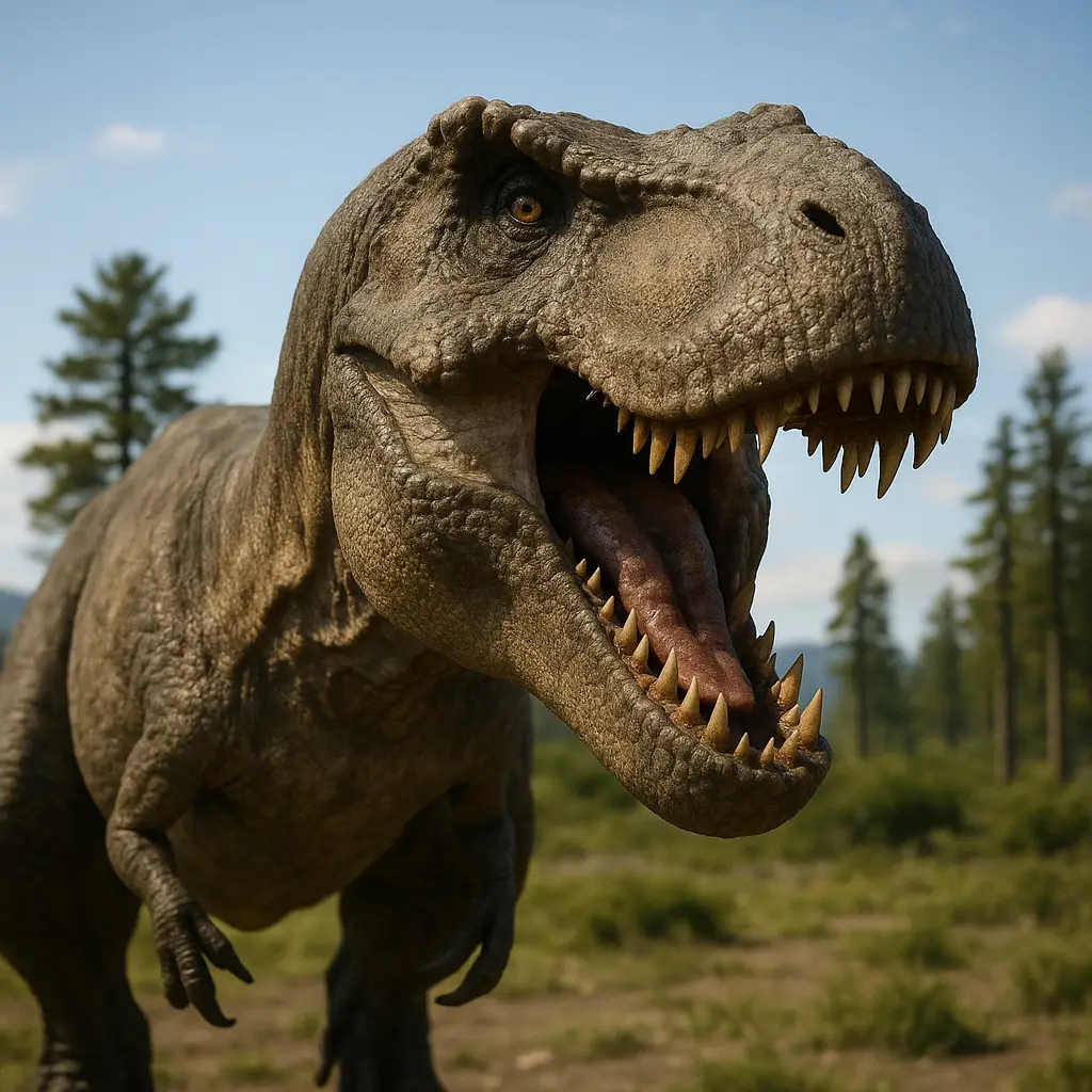 Tyrannosaurus rex roaring in a lush, forested landscape under a clear blue sky.