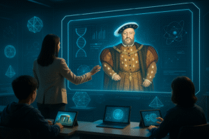 Futuristic classroom where primary pupils and a teacher interact with a holographic image of King Henry VIII as an AI character on a digital screen.
