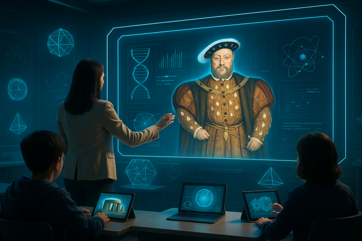 Futuristic classroom where primary pupils and a teacher interact with a holographic image of King Henry VIII as an AI character on a digital screen.