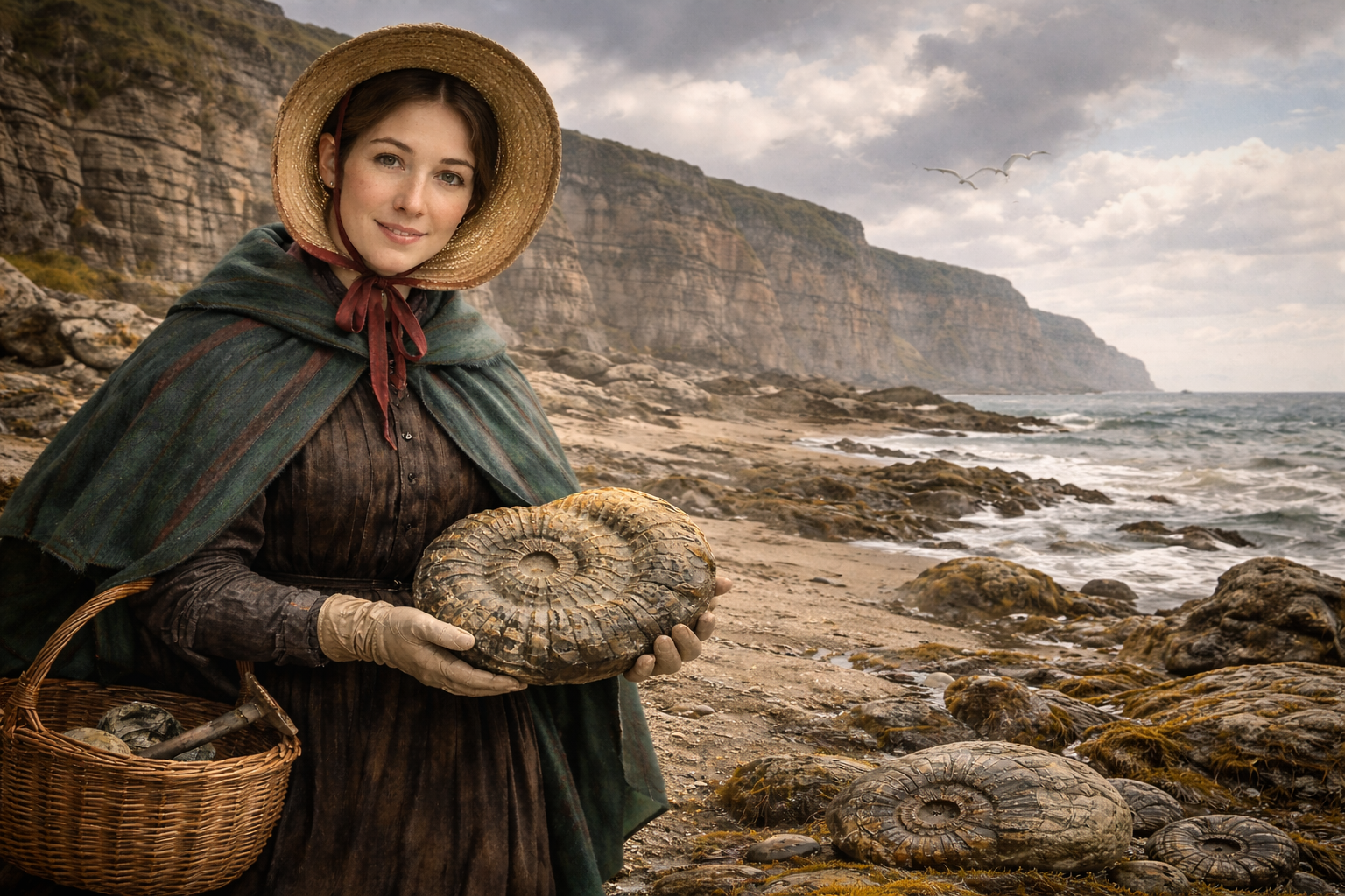 Mary Anning with fossil