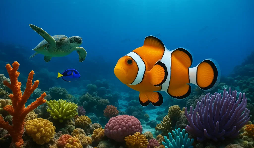 Tropical fish and a turtle swim above a coral reef