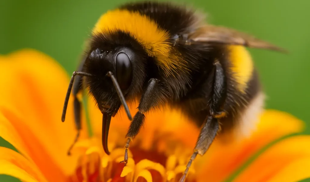 A close-up of a bumblebee on a vibrant orange flower, showcasing its black and yellow stripes.