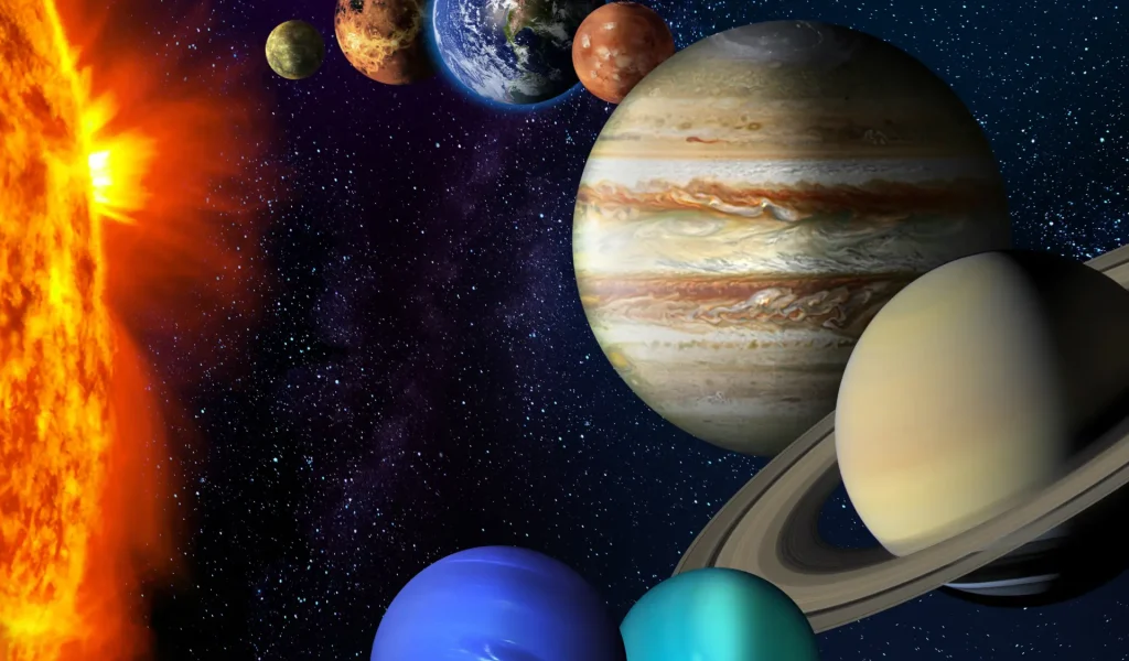 All the planets of the solar system shown together with the Sun