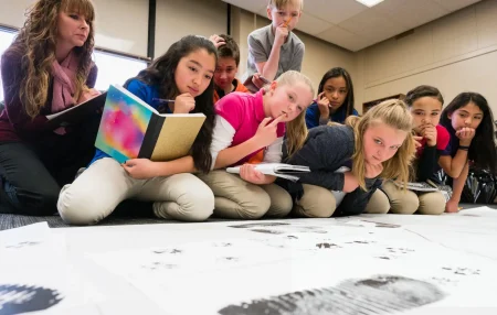 examining a crime scene in the classroom