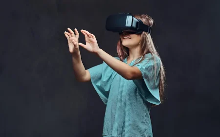 happy girl with VR glasses