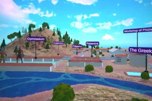 olympia Virtual landscape depicting ancient Greek structures labeled, with mountains and trees in the background.