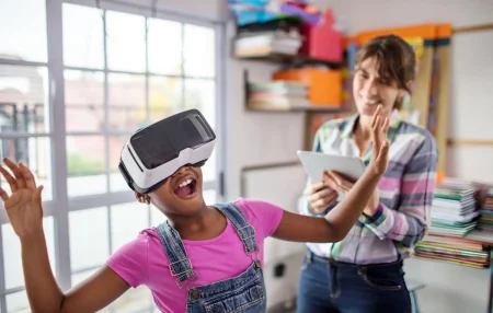 surprised girl using VR